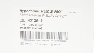 Smiths Medical 43125-1 Fixed Ndle Insulin Syringe 1ml 31G x 1/4inch - Box of 100